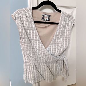 Anthropologie Deletta Ivory/Off White wrap peplum top, size medium.